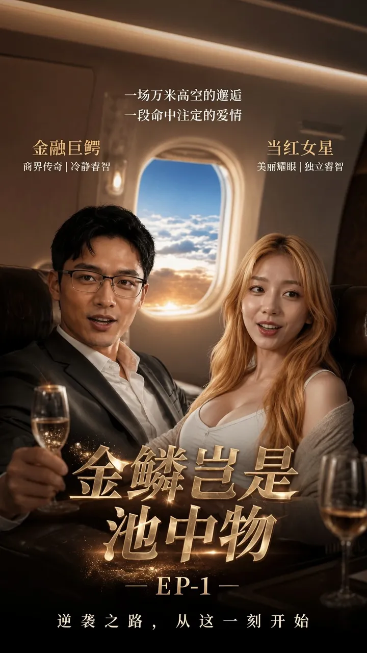 航班场景中男女主角对坐举杯的短剧海报